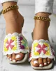 Slippers Women Crochet Floral Pattern Square Toe Shoes Flat Holographic Braided Post Beach Flip Flops