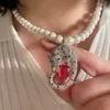Leopard Pendant Zircon Animal شكل حيوان بيرل Emerald Green Agate Red Beads Necklace for Women Designer Copper Jewelry 240409
