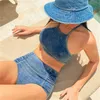 Kvinna badkläder denim desiger bikini baddräkt strand tankinis underkläder set outfit för lady smala badväskor baddräkter två stycke