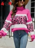 Black Leopard Print Sweater Women Animal Jumper Loose Oversize Warm Winter Striped Sweater Knitted White Turtleneck for Women