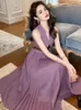 Casual Dresses 2024 French Vintage Noble Maxi Robe Femme Lace Panel Pleated A-line Large Swing Long Dress For Women Purple Party Prom