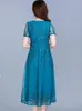 Mavi gündelik şifon örgü Kore uzun elbise yaz kadın tunikleri midi moda zarif balo gece elbise kısa kol 240407