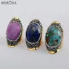 BOROSA Vintage Golden Plated Open Rings Natural Multi-Kind Stone Adjustable Rhinestone Ring For Women Wedding Party Jewelry Gift 240403