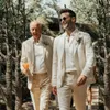 Les hommes en lin beige d'été costumes 2 pièces formelles formelles revers beau gentleman mariage smooth