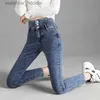 Kvinnors jeans högkvalitativa nya retro hög midja elastiska täta montering jeans kvinnor fashionabla elastiska knapppenna blyertsbyxor mammor casual jeans c240411