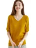 Suéter feminino 100% suéter de lã merino para mulheres pulôver tampas curtas de manga curta primavera verão v pesco