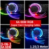 3-i-1 6A 66W RGB Super Fast Charging Cable Type-C Micro USB Charger Cable Flow Cool Colorful Glow Data Line för iPhone Android