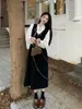 İş elbiseleri gkyocq Kore moda kadınlar iki parça set setleri bağcıklı yaka parlama kol gömleği yüksek bel bir çizgi siyah kadife