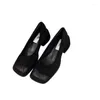 Dress Shoes French Black Square Toe Shallow Mouth Small Leather Spring/summer Retro Thick Heels Paired With Skirts And High