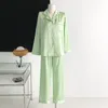 Spring Women Jacquard Satin Pajama Sexy Ice Silk Long Sleeve Shirt Pants Two-Piece Homewear Nightwear