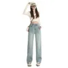 2024 Novo jeans bordado de bolso bordado Spring feminina nova cintura alta calças de perna larga de largura
