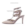 High Vvalen Straps Pump Designer Pointed Heel Stud Leather Version Shoes v Family Rivet Heels Sandals Women Thin 459D