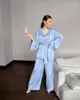 Home Clothing MCLAOSI Women Sexy Satin Comfortable Long-Sleeved Lace-up Nightgown Sleepwear Pjs Sets Two-Piece Silk Loose Pants Pajamas Suit