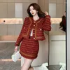 Work Dresses Ladies Red Tweed Two Pieces Set Women Autumn Elegant Vintage Plaid Short Jacket Coat Bodycon Mini Skirt Suit Outwear Outfit