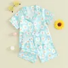 Kleding Sets Kids PyjamaS Shorts Set Toddler Girls Boys Silk PJS Floral Button Down Shirt en kort 2 -delige pyjama slaapkleding