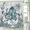 Shower Curtains Seahorse Watercolour Ocean Animals Starfish Nautical Anchor Grey Wood Board Cloth Bathroom Decoration With Hooks