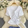 Vestidos de trabalho Casual Summer Lace-up Hollow Out Tshirt de duas peças femininas definidas roupas de moda coreana de moda