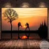 Muay Thai Training Art Poster with Sunset and Temple Thailand Traditional Martial Canvas Painting Wall Print Picture Home Decor