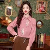 Blonnements à manches longues de style chinois pour les femmes pour l'été 2024 chemise de couture à revers à la mode tissée à la mode
