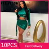 Work Dresses 10 Dress Sets 2024 Long Sleeve Crop Top Mini Skirt Wholesale Hollow Out Pleated Bandage Two Piece Set Womens Outfits S13090