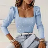 Women's Blouses Women Square Neck T-shirt Elegant Beaded Long Sleeve Blouse Slim Fit Top Spring Commute Wear