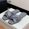 Slippers Summer Women Genuine Leather Cross Strap String Bead Slides Square Peep Toe Cosy Flat Mules Casual Woman