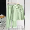 Spring Women Jacquard Satin Pajama Sexy Ice Silk Long Sleeve Shirt Pants Two-Piece Homewear Nightwear