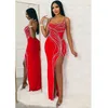 Casual Dresses Wishyear Luxury Crystal Side High Slit Bodycon Evening Long For Women Black Red Diamonds Rhinestone Party Birthday Robe