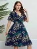 Basic Casual Dresses Plus Size Floral Print Wrapped V-Neck Women Dresses Short Ruffle Sleeves A-Line Bohemia Robe Casual Lady Vacation Clothing L49