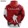 Kanada Maple Leaf Hockey 3D över hela tryckta hoodie män huva pullover jacka kappa tröja unisex outwear kvinnlig avslappnad topp