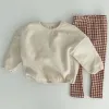 Byxor Solid Long Sleeve Shirt + Grid Pants 03 Years Baby Girls Boy 2021 Spring Fashion Clothing Set kläder Bodysuit för nyfödda