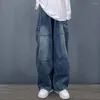 Mäns jeans bekväm rak ben japansk stil breda lastbyxor med stora fickor för män överdimensionerade denimbyxor streetwear
