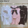 Women's Hoodies Spring And Autumn Hooded Lace Patchwork Cold-Shoulder Sweatshirt Long Sleeve Embroidered Bow Belt Loose Mid-Length Pullover