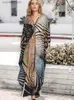 Basic Casual Dresses 2024 Summer New Brown Printed Fashionable Womens Kaftan Dress Sexy V-neck Chinese Knot Auspicious Robe Maxi Dresses Q1630 L49