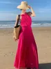 Casual Dresses Summer Sexy Club Women Elegant Boho Rose Red Backless Evening Long Dress Vacation Party Pleated Sundress Bridesmaid Robe