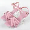 Womens Pink Clear Crystal 10cm Wedge Heels Sandals Slipper Dance Shoes Crystal Sexy For Party Cross Strap LFD-11101-D8 240410