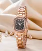 Högkvalitativa kvinnor Titta på klänning modeklockor Rose Gold Rostfritt stål Black Dial Diamond Wristwatches Quartz Clock Gifts6824054