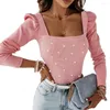 Women's Blouses Women Square Neck T-shirt Elegant Beaded Long Sleeve Blouse Slim Fit Top Spring Commute Wear