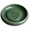 Tea Trays Mysterious Yue Kiln Celadon Relief Lotus Round Teapot Base Handmade Antique Ceramic Chinese Zen Tray