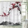 Coucons de douche à oiseaux de fleurs Bambou Green Bamboo Red Floral Mountain Ink Landscape Bath rideau Curtain Tissu de salle de bain Décor de salle de bain avec crochets