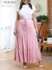 Plus Size Casual Monochromatic Pink Ruffled Laceup Long Skirt Elegant and Pretty Pleated Elastic Waist Summer Cake 2023 240328