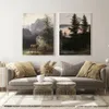Vintage Forest and Deer Print Sky Lakescape Decor Neutral Village Abstract Digital Print Painting Nursery Wall Art for Home