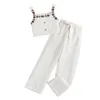 Kleding sets meisjes zomer 2 stks broek witte mouwloze bloemen camisole brede been riemgte