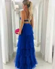 Sexy Long Royal Royal Blue V Vestidos de baile com deco