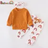 Trousers Newborn Baby Girl Clothes Set Fall Fashion Solid Knit Long Sleeves Top Rainbow Pants Headband Spring 3Pcs Infant Clothing Outfit