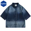 Chemises décontractées pour hommes Denim bleu hommes Japon Style en vrac à manches courtes Bouloues Blouse Streetwear Hip Hop HARAJUKU JEANS OVENIDEDIMES