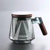 Mugs 450ml Diamond Shape Heat-Resistant Glass Tea Cup With Walnut Wooden Handle Lid Inner Filter Flower Water Separation Mug