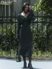 Clacive Sexy Slim Print WomenS Dress Fashion V-Neck Long Sleeve Midi Dresses Vintage Classic Lace Spliced Female Dress 240409