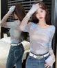 Camiseta de blusa de primavera y verano Camiseta femenina Americana Retro Retro sexy Hot Girl Hot Tell Autumn Mesh Hilo Slim Sunspreen hermosa camisa pequeña