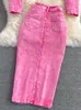 Arbetsklänningar Autumn Women Pink Denim Set Lapel Lång ärm Kort jacka Hög midja kjol Korean Korean Kvinnlig tvådelar Set Streetwear